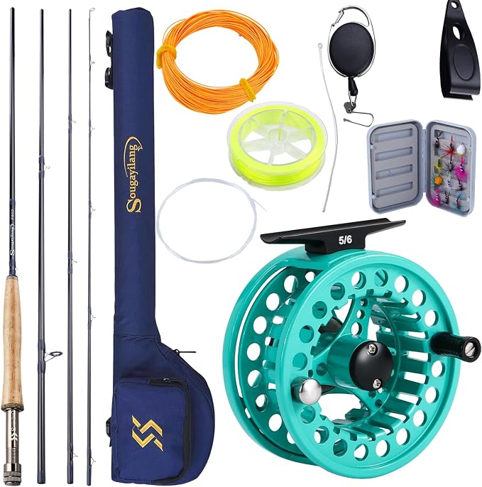Sougayilang 5/6 Weight 9ft Fly Rod, 4-Piece Graphite Rod, Die Cast Aluminum Reel, Carrying Case, Fly Box & Fishing Flies Combo Starter Kit