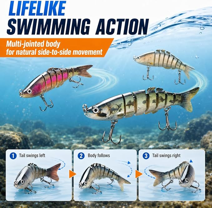 SANWEAL 6PCS Multi Jointed Fishing Lures Kit, 2 Size Slow Sinking Swimbait Hard Baits with 3D Eyes and Treble Hooks, Segmented Baitfish Artificial Fishing Bait for Bass Trout Freshwater Saltwater