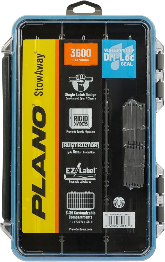 Plano StowAway 3600 Waterproof Stow Tackle Box, IPX7 Waterproof Rating, with Rustricor, Single Latch Design, Transparent DuraView Lid, Stackable Storage for Fishing Bait, Lures and Gear