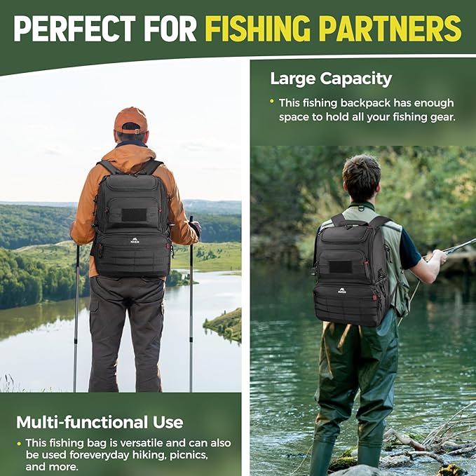 MATEIN Fishing Backpack Tackle Box, Water Resistant Tackle Backpack with Cooler & Rod Holders, Fishing Gifts for Men