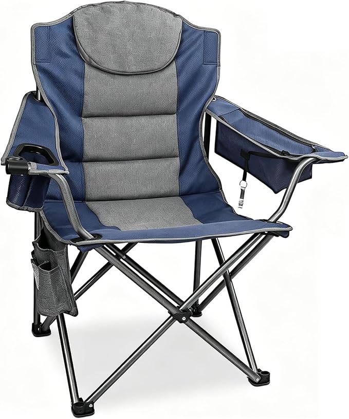 Colorsoul Oversized Camping Chair, Padded Portable Camping Chairs with Cup Holder, Cooler Bag and Shoulder Straps, Heavy Duty Outdoor Folding Chair for Camping, Beach, Fishing, Support 350 LBS, Blue