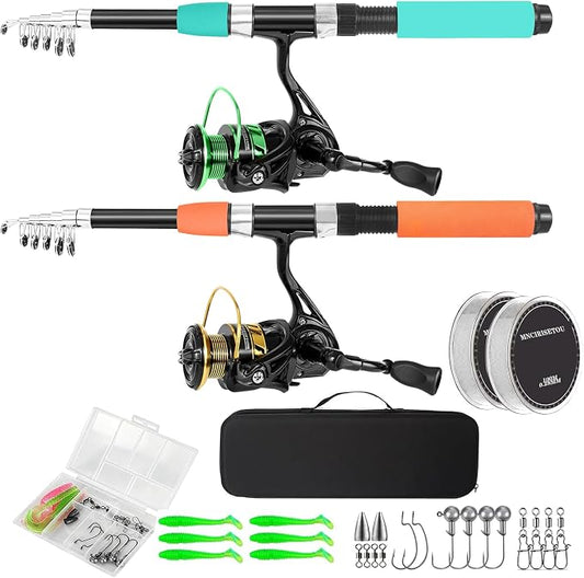 Telescopic Fishing Rod and Reel Combo Set, 2PCS Collapsible Fishing Poles, Fishing Kit with Spinning Reel, Travel Saltwater Freshwater Fishing Gear for Adults Beginners
