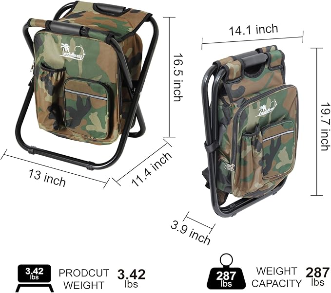 LEADALLWAY Backpack Fishing Chair with Cooler Bag Foldable Stool,Fishing Hunting Gifts for Men,Outdoor,Camping,Paints,BBQ,Beach,Picnic,Hiking,Concert(Camouflage Backpack Chair)