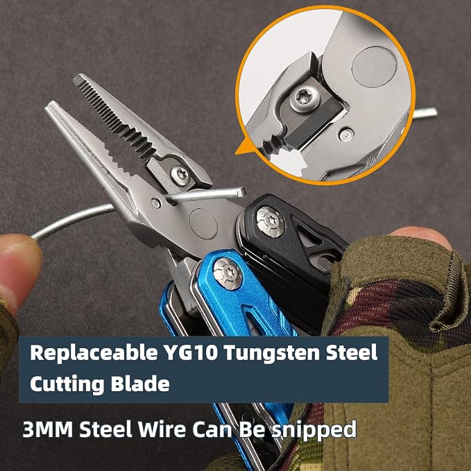 HANSHI Upgraded Adjustable Wrench Multitool Hammer with YG10 Tungsten Steel Replaceable Wire Cutters for Men,18 in 1 Pocket Multi Tool Knife with Spring-Action Pliers for Camping,Survival (Blue)