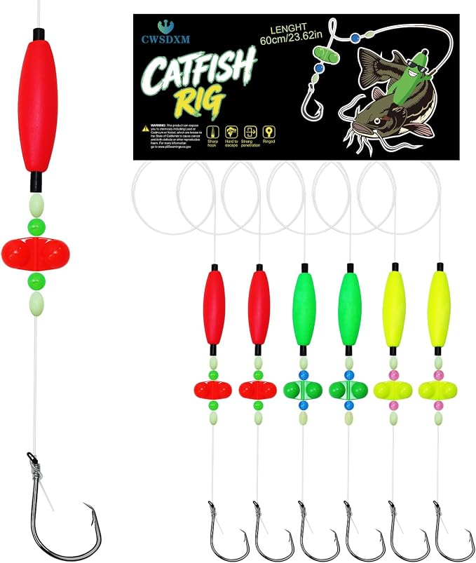 Catfish Rigs with 2oz Pyramid Sinker，High Carbon Circle Hooks 6/0 8/0，3/6pcs Catfish Float Rigswith Adjustable Bottom-lowering Device,Take Down Rigs for Catfish,Complete & Ready-to-Use Kit