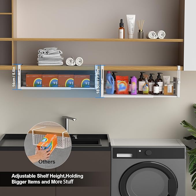 2Pack Under Shelf Basket, Adjustable Hanging Under Cabinet Shelf Storage, Hanging Holder Length Stretchable 14.9-22.6Inch for Kitchen Pantry Desk Counter Bookshelf Cupboard (White)