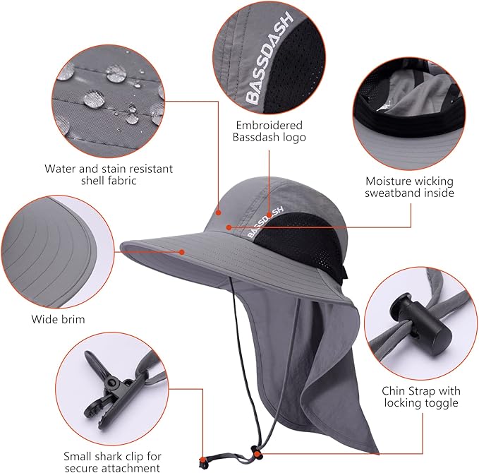 BASSDASH UPF 50+ Unisex Water Resistant Wide Brim Sun Hat with Large Neck Flap Ponytail Fishing Hat for Men Women