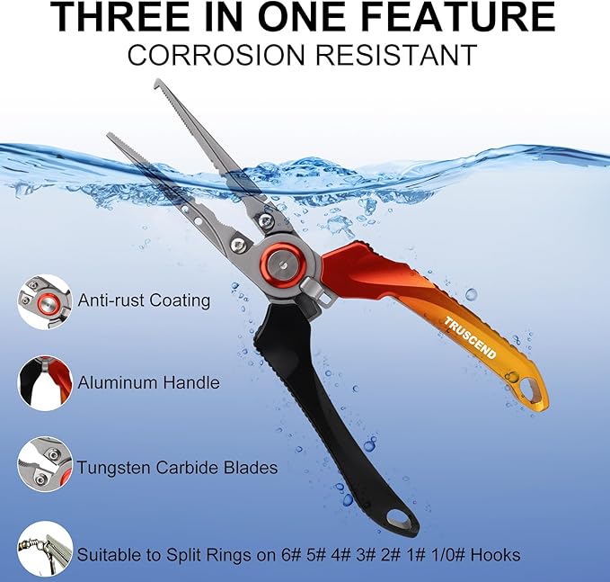 TRUSCEND Easy Use Lockable Fishing Pliers with Tungsten Carbide Cutter, Innovative Ergonomic Handy Handle, Saltwater Corrosion Resistant Teflon Coated Fishing Tool, Light Multi-Function Fishing Gear