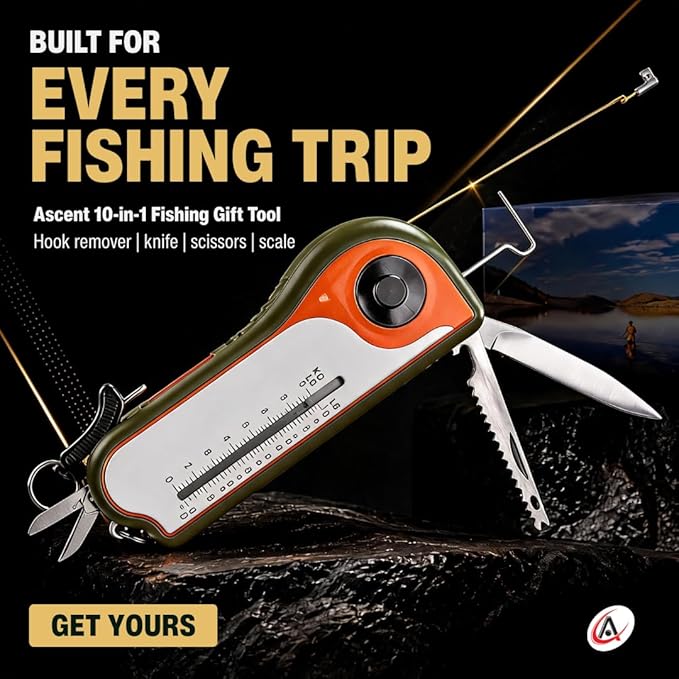 Fisherman Gift Tool Fishing Multitool - Hook Remover, Scale Scraper, Tape Measure, Bait Cutter, Flashlight, Knife, Scissors, Weight Scale, Bottle Opener, Gift Idea for Men Women Kids