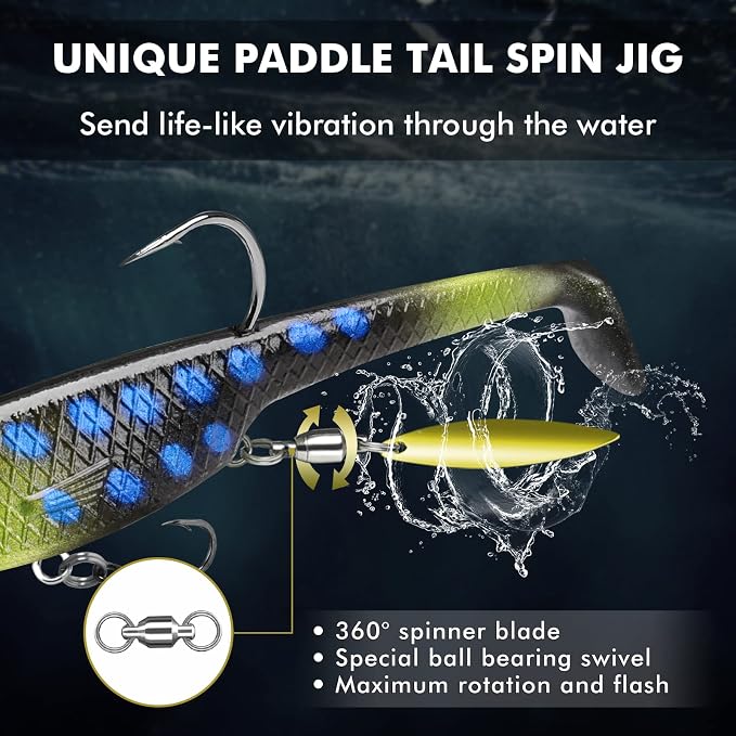 GOTOUR Pre-Rigged Soft Fishing Lures with Weedless Hook, Lifelike Paddle Tail Swimbaits for Bass Fishing, Freshwater & Saltwater Fishing Bait, Fishing Tackle for Bass, Pike, Trout, and Walleye