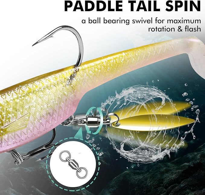 TRUSCEND Shadtale Easy Catch Soft Fishing Lures with BKK Hooks - Trembly Sinking and Vibrating Swim for More Bites, Pre-Rigged Swimbaits for Bass, Trout, Crappie, Walleye, Freshwater Saltwater Fishing