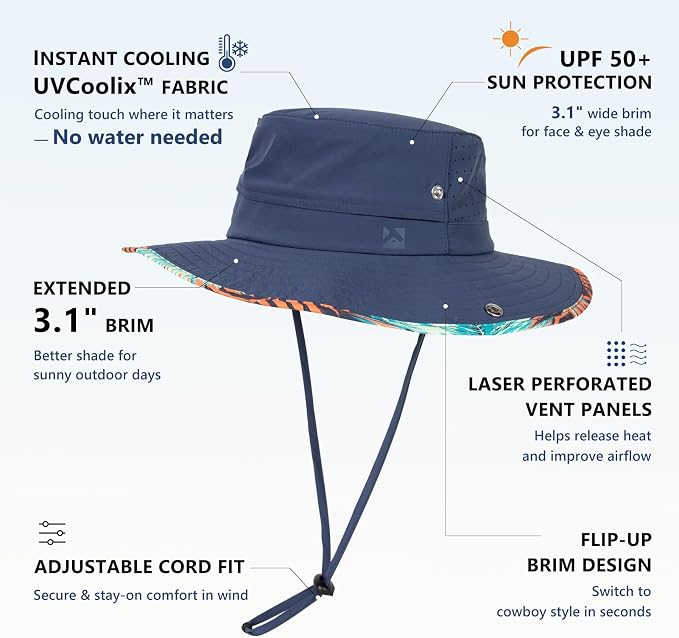 TOP-EX UVCoolix™ Cooling Sun Hat for Men Women UPF 50 Wide Brim Bucket Hat for Hiking, Fishing & Big Head - Cools Up 2 Hours