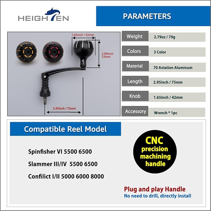 HEIGHTEN Fishing Reel Handle for Penn Spinfisher VI/Slammer III IV/Battle II III DX/Pursuit III IV/Fierce II III
