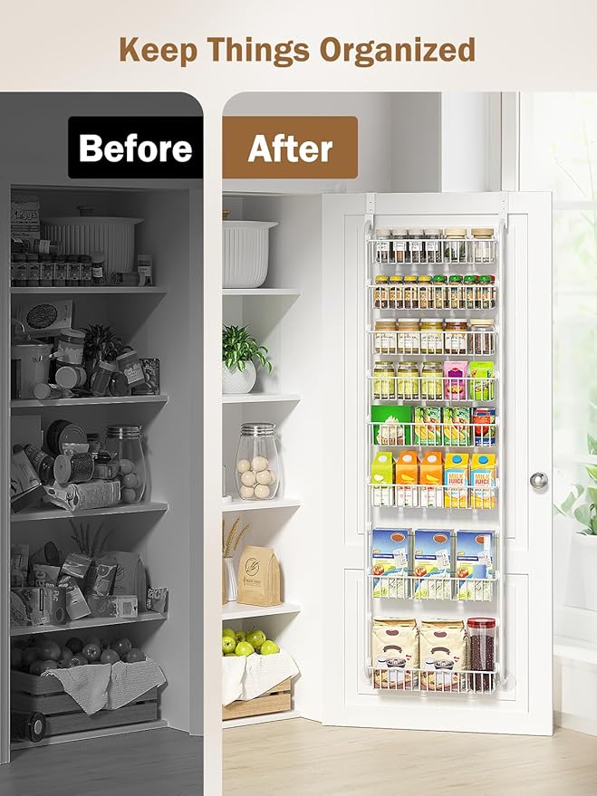 Delamu Over The Door Pantry Organizer, 8-Tier Pantry Door Organizers and Storage with Adjustable Basket, Metal Hanging Spice Rack, Seasoning Organizer, Door Organizer for Home Kitchen Bathroom, White