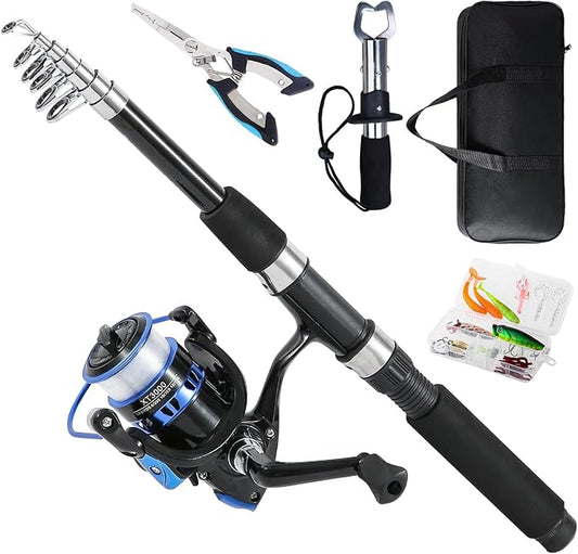 Tripquips Fishing Rod, 6.9ft Telescopic Fishing Rod and Reel Combo with Fishing Pliers and Lip Gripper Fishing Equipment, 5.2:1 Pre-Loaded Spinning Reel Combo Set Fishing Pole