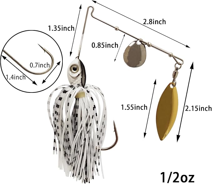 Eupheng Bass Spinnerbaits, 1/4 3/8 1/2 1/8 3/16 oz, Double Willow & Colorado Blades with Silicone Skirt Bass Spinner baits