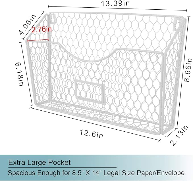 PAG 6 Pockets Hanging File Holder Wall Mount Mail Organizer Metal Chicken Wire Magazine Rack with Tag Slot, White