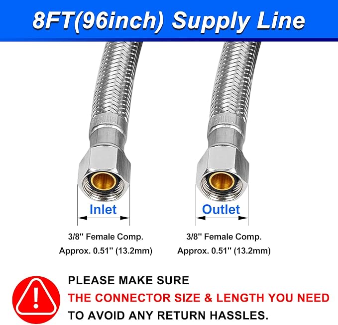 8FT Stainless Steel Braided Water Supply Line for Dishwasher, Brass 3/8 Inch Compression x 3/8 Inch Compression Connections, Food Grade PEX Inner Tube Water Hose