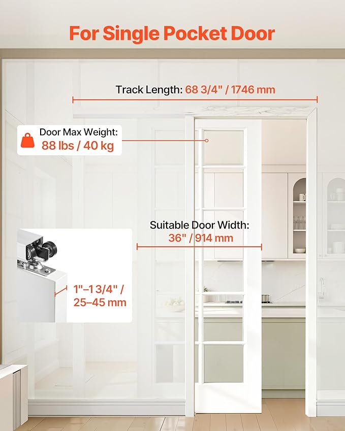 VEVOR Sliding Pocket Door Hardware Track Kit, 68.74" Pocket Door Track Kit with Soft Close Mechanism for Smooth and Quiet Sliding, Easy to Install, for 1" to 1 3/4" Thickness 36" Width Single Door