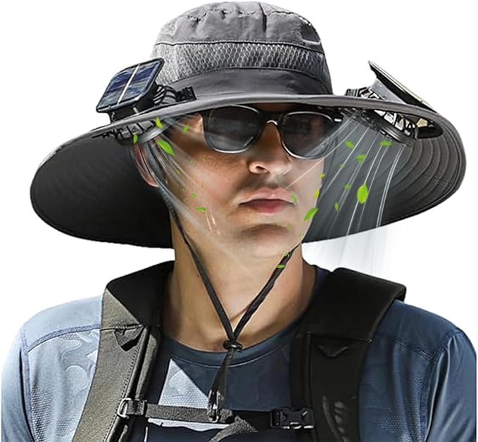 Hat with Fan,Solar Fan Hat,Wide Brim Sun Hat with 2 Solar Fan,for Outdoor Fishing,Waterproof Outdoor Hiking Camping Fishing