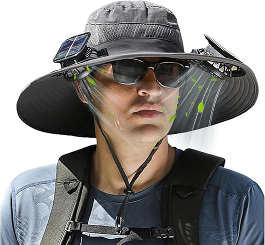 Hat with Fan,Solar Fan Hat,Wide Brim Sun Hat with 2 Solar Fan,for Outdoor Fishing,Waterproof Outdoor Hiking Camping Fishing