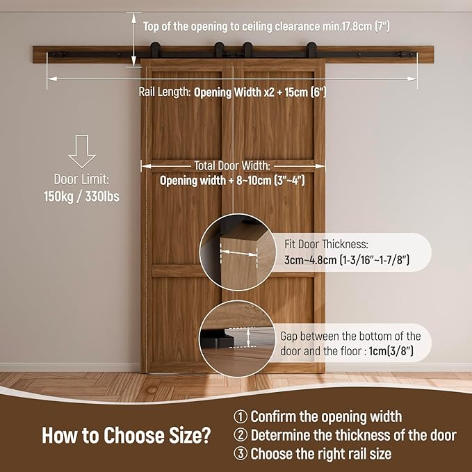 CCJH 6FT Sliding Barn Door Hardware Kit, Heavy Duty, Smoothly and Silently, Easy to Install, Fit 18" Width Double Door Panel, T-Shaped Style Black