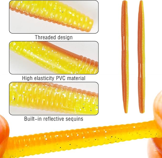50Pcs Finesse Worms Soft Lures Worm Stick Bait Color Mixed Fishing Lure 5.5in/0.28oz
