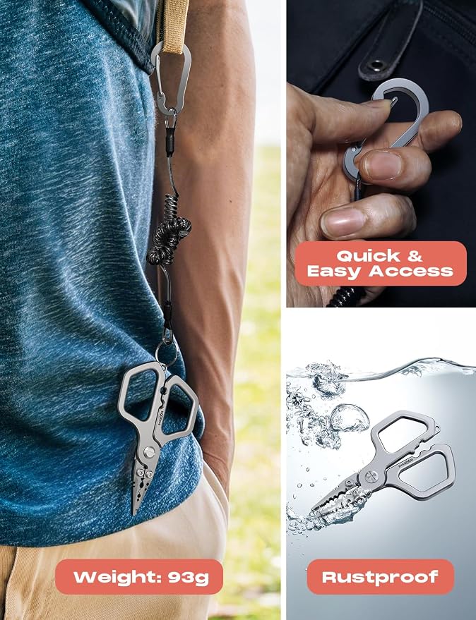 HOOK-EZE Multi-Function Fishing Pliers, Saltwater Resistant Fishing Scissors, Tungsten Cutters, Knot Tying Tool with Lanyard, Split Ring Hook Remover, Gifts for Men