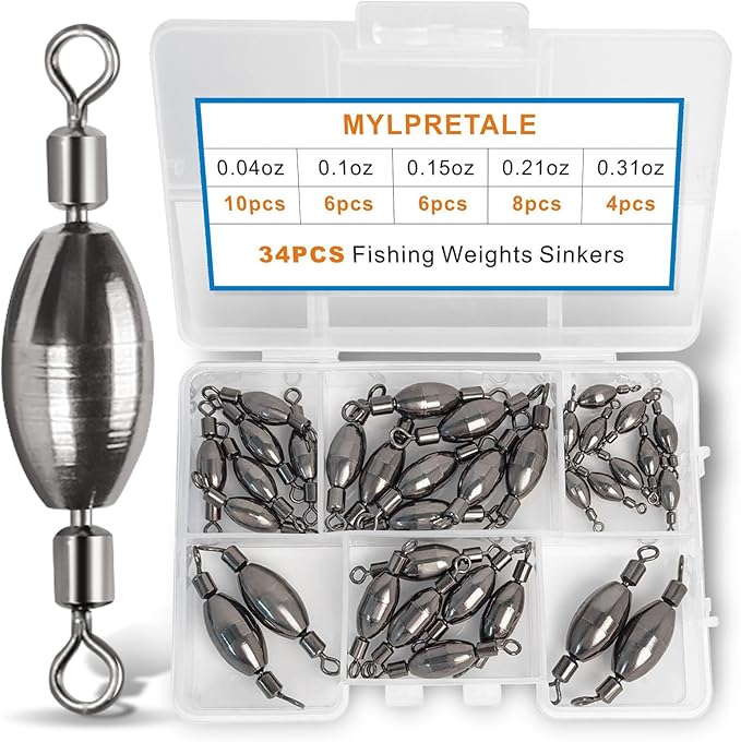 34Pcs Fishing Weights Swivel Brass Sinkers Fishing Weight, Bullet Sinker Weight Kit Tackle, Rolling Swivel Saltwater Freshwater Drop Shot Weights
