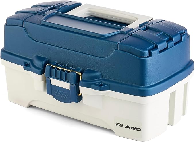 Plano One-Tray Tackle Box, Blue/White, Rust-Proof Brass Latch, Top-Access Tray with Deep Storage, Made in the USA, Portable Fishing Gear Storage Organizer