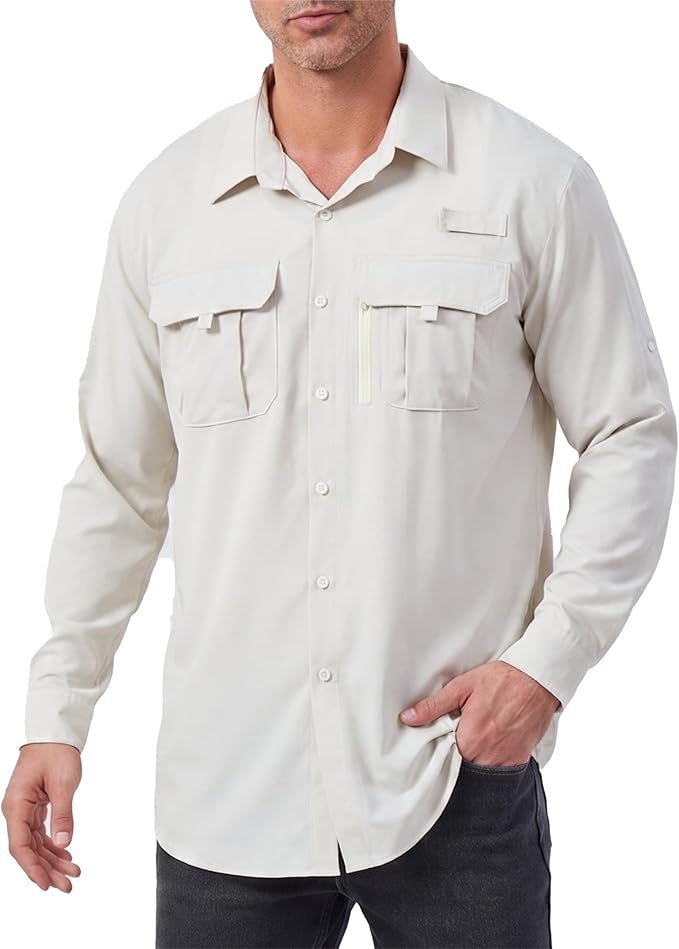 Men's Long Sleeve Fishing Shirts UPF 50+ Sun Protection Quick Dry Shirts Button Down Shirt for Hiking Camping