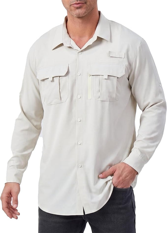 Men's Long Sleeve Fishing Shirts UPF 50+ Sun Protection Quick Dry Shirts Button Down Shirt for Hiking Camping