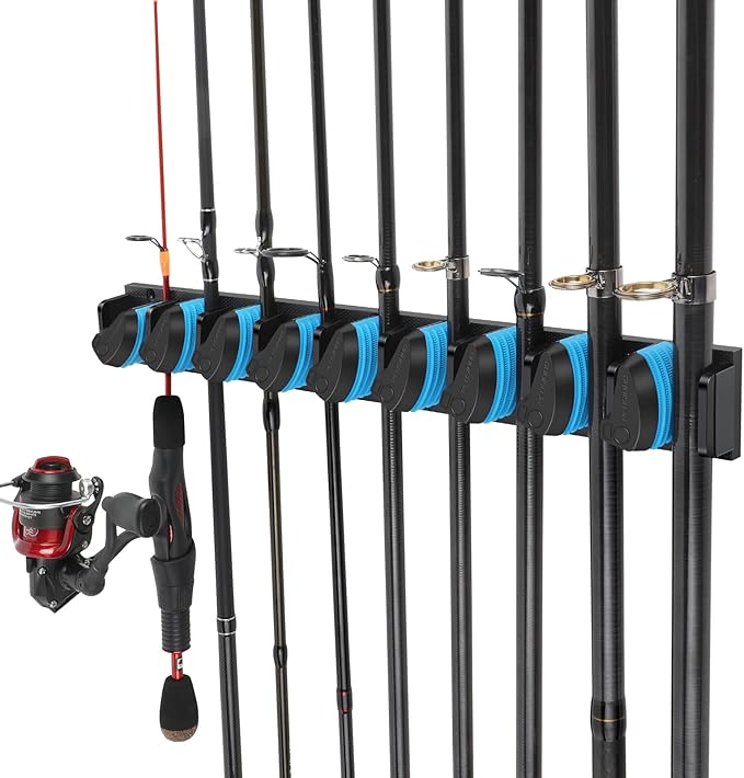 PLUSINNO Vertical Fishing Rod Holder, Wall Mounted Fishing Rod Rack, Fishing Pole Holder Holds Up to 9 Rods or Combos, Fishing Rod Holders for Garage, Fishing Gear and Gifts for Men