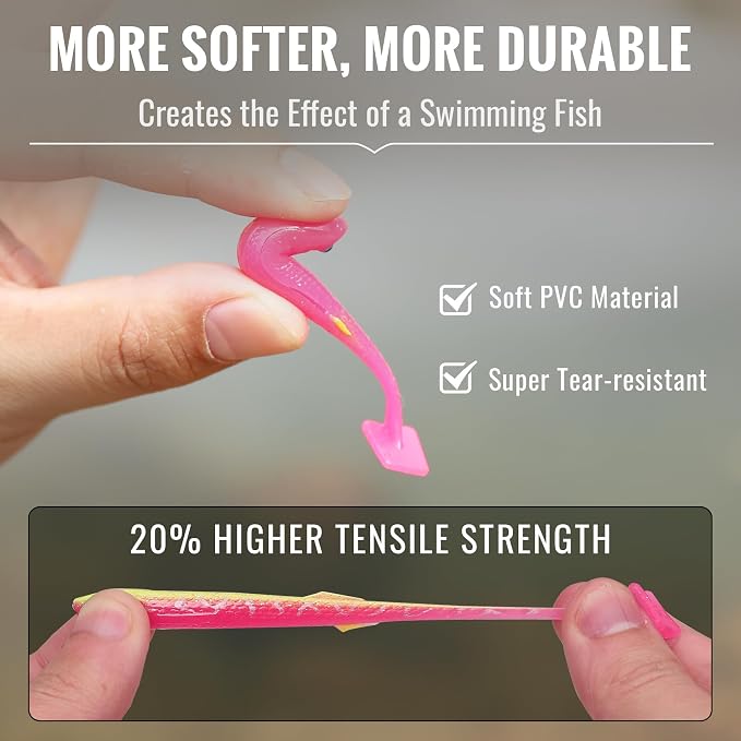 TRUSCEND Shadtale Easy Catch Soft Fishing Lures with BKK Hooks - Trembly Sinking and Vibrating Swim for More Bites, Pre-Rigged Swimbaits for Bass, Trout, Crappie, Walleye, Freshwater Saltwater Fishing