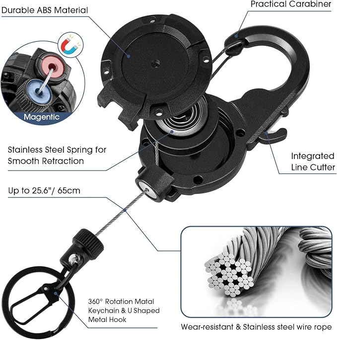 Fly Fishing Zinger Retractor,26" Stainless Steel Wire Rope, with Integrated Line Cutter and Magnetic Closure,360° Rotation Keychain & Carabiner Clip for Fly Fishing,Cycling,Hiking