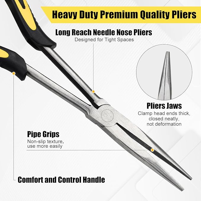 Premium Long Needle Nose Pliers-11’’, Paper Clamp Precision, High Carbon Steel, Soft Grip with Wire Cutter, Long Nose Cutting Pliers for Home, Fishing, Jewelry, Crafts,2pcs