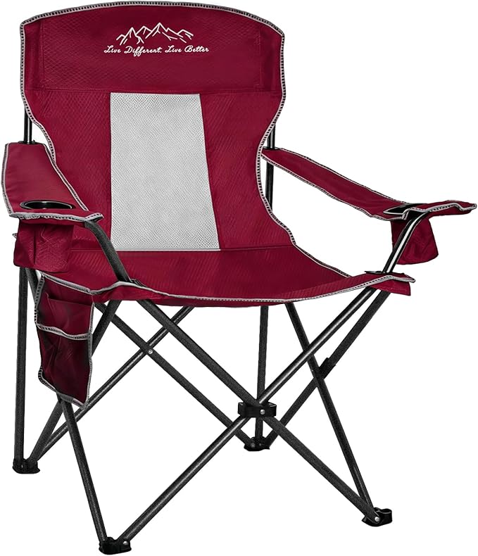 Outdoor Folding Camping Chair with Cup Holder, Storage Bag, Large Anti-Sink Feet, 400lbs Capacity, Breathable Mesh Portable Chair for Camping, Beach, Fishing, Sports, Red