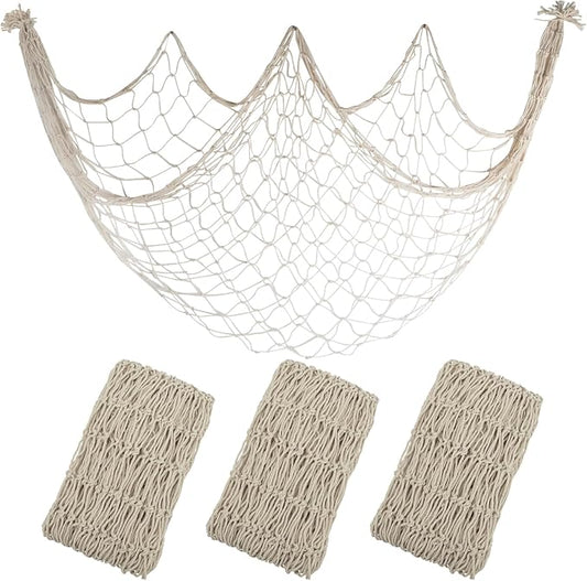3 Pack Fish Net Decorations - 80x40 Inch Beige Fishing Net Decor for Priate Under The Sea Hawaiian Beach Themed Party, 3mm Thick Natural Cotton Nautical Netting for Party Wall Table Ceiling Decor