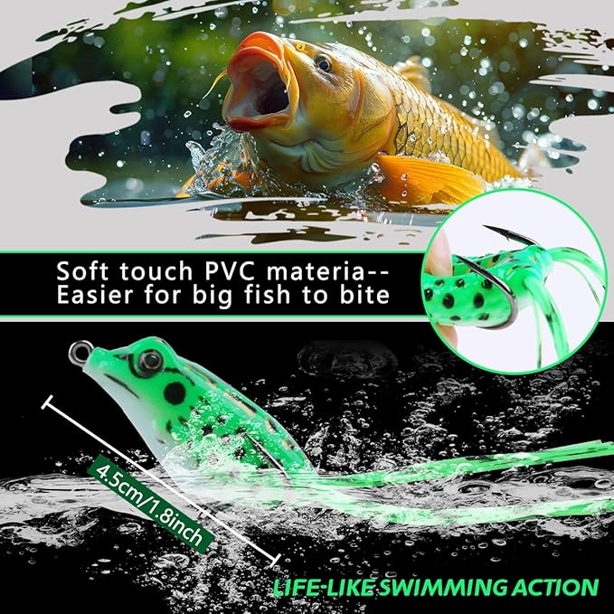 9PCS Frog Lure Kit - Topwater Fishing Lures for Bass, Snakehead & Freshwater Fish | 4.5CM 5G Soft PVC Baits with Weedless Hooks - Perfect for Dense Vegetation | Ideal Lure Set for Anglers inSaltwater