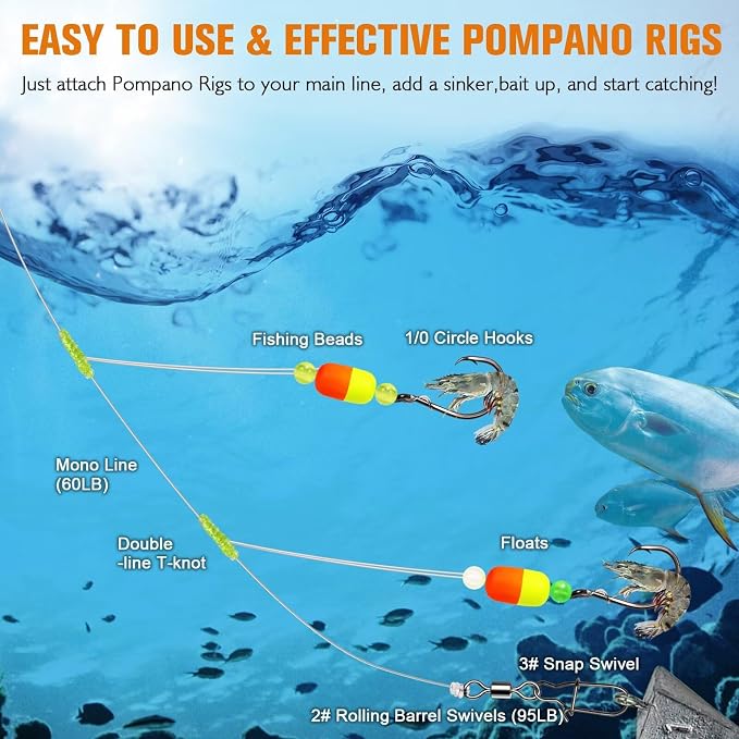 Dovesun 10PCS/4PCS Pompano Rigs for Surf Fishing Saltwater Fishing Rigs with Floats and Beads Unique Double-Line T-Knot Pre-Rigged Surf Fishing Gear & Tackle with Circle Hooks