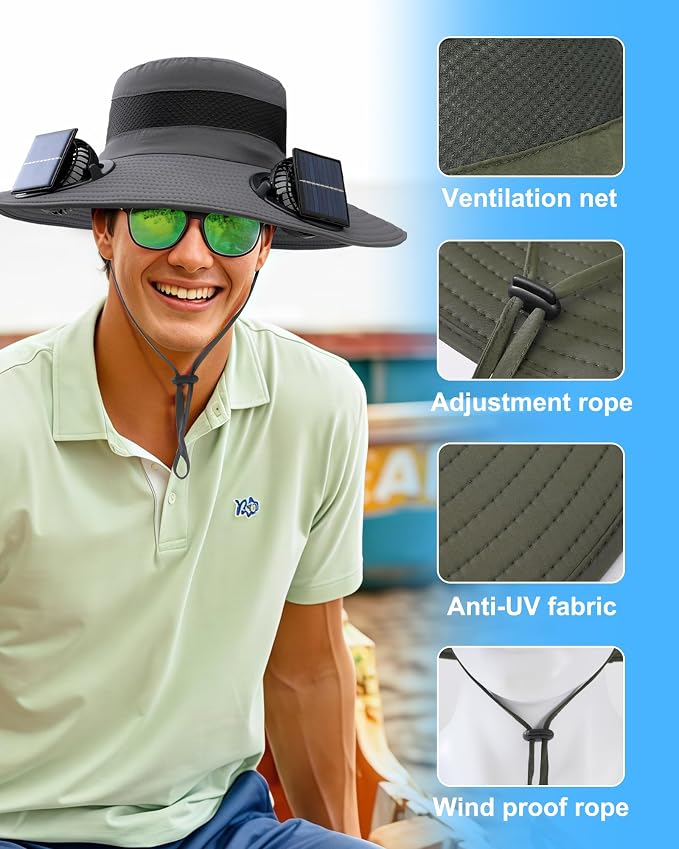 Wide Brim Sun Hat with 2 Solar Fans for Men Women UPF 50+ Garden Outdoor Fishing Beach Essential