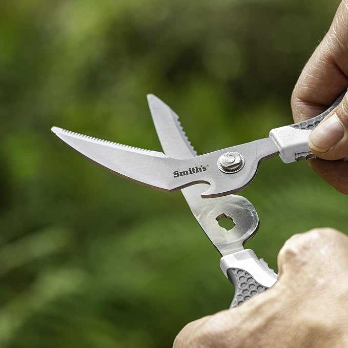 Smith’s 51247 Edge Sport Bait and Game Shears – 8-Inch - White – Fish Scaler – Stainless Steel – Bone Notch + Fin Clipper – Bottle Opener – Dishwasher Safe – Multi-Purpose Scissors