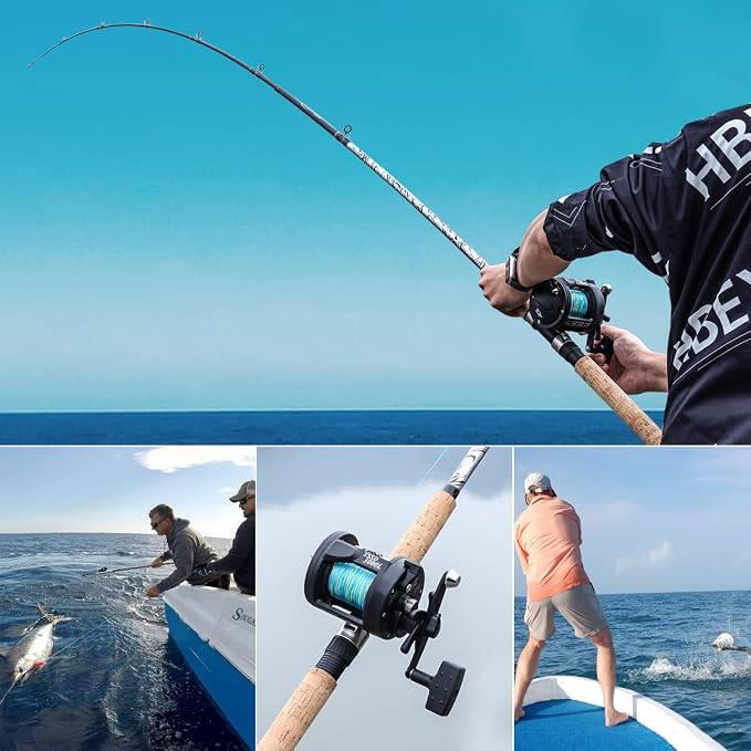 Sougayilang Fiberglass Fishing Pole Conventional Reel Combo with Durable P-Cork Rod Handle, Medium Heavy for Catfish Salmon and Steelhead
