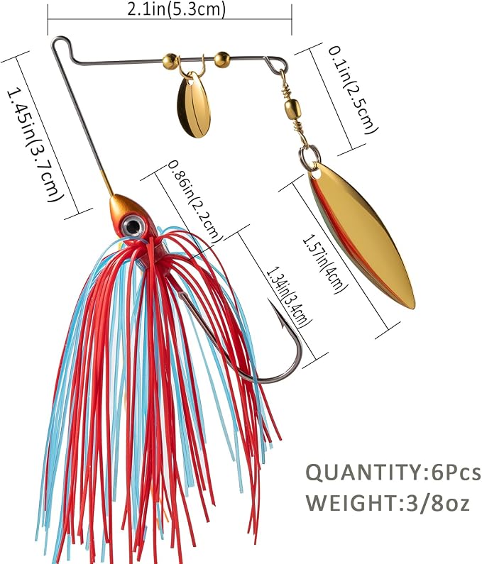 6 Pcs Bass Spinner Baits Kit, Premium Hard Metal Spinnerbaits for Bass Fishing 3/8oz with Skirt, Freshwater Fishing Lures