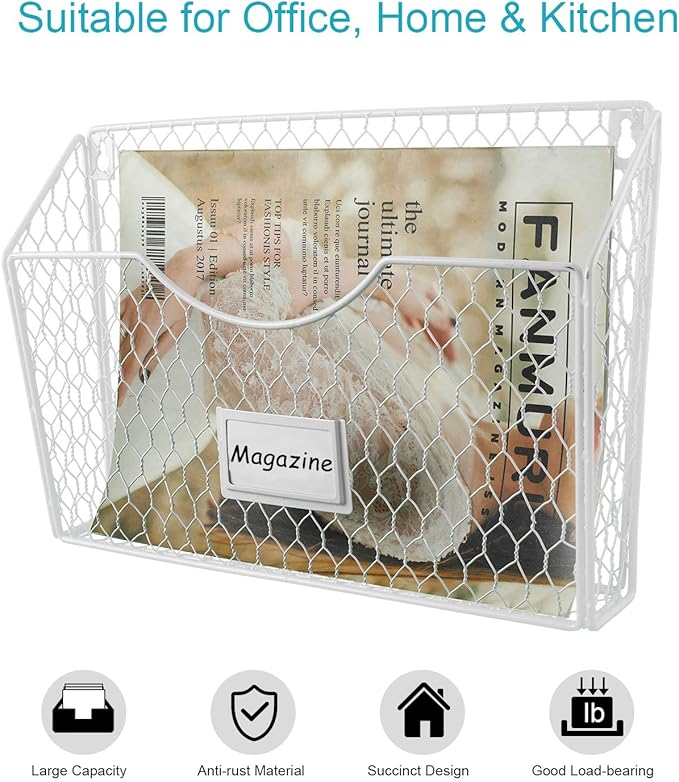 PAG 6 Pockets Hanging File Holder Wall Mount Mail Organizer Metal Chicken Wire Magazine Rack with Tag Slot, White