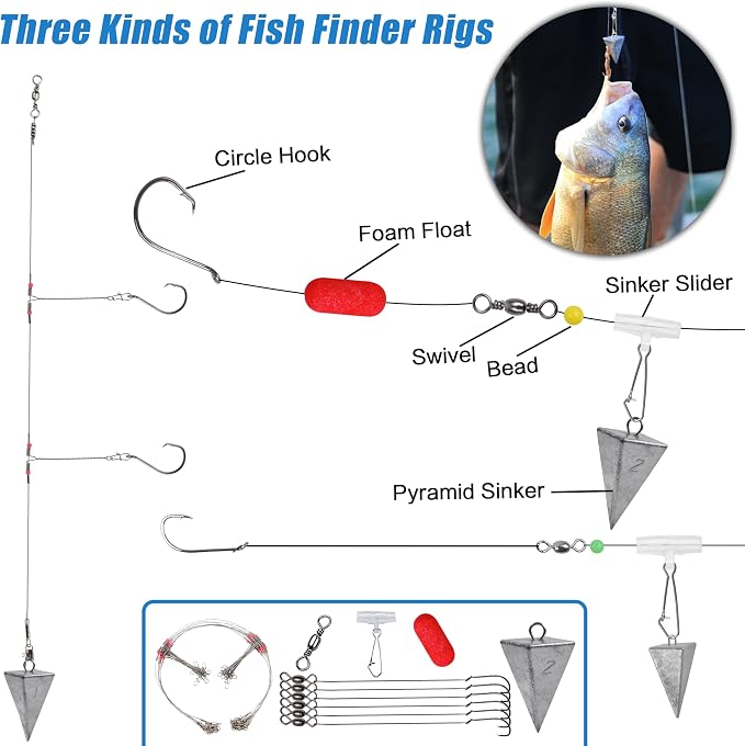 Saltwater Fishing Gear, 180pcs Saltwater Surf Fishing Tackle Kit Saltwater Fishing Lures Fish Finder Rigs Pompano Rig Pyramid Sinker Spoons Fishing Hooks Leaders Swivel Bobbers Various Accessories