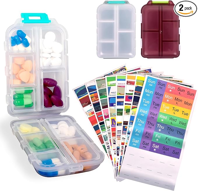 2 Pcs Travel Pill Organizer with Labels, Portable Travel Medicine Daily Pill Container Organizer 7 Day Pill Case Storage Vitamin Fish Oil (White & Red, 320 Medicine Lables)