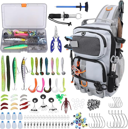 Fishing Backpack with Tackle Boxes,Waterproof Fishing Shoulder Bag with Rod Holder,Fish Bag with 136 Pcs Fishing Lures Kit,Fish Hook Remover Tool,Fish Lip Gripper,Fishing Plier,Gifts for Men (Gray)