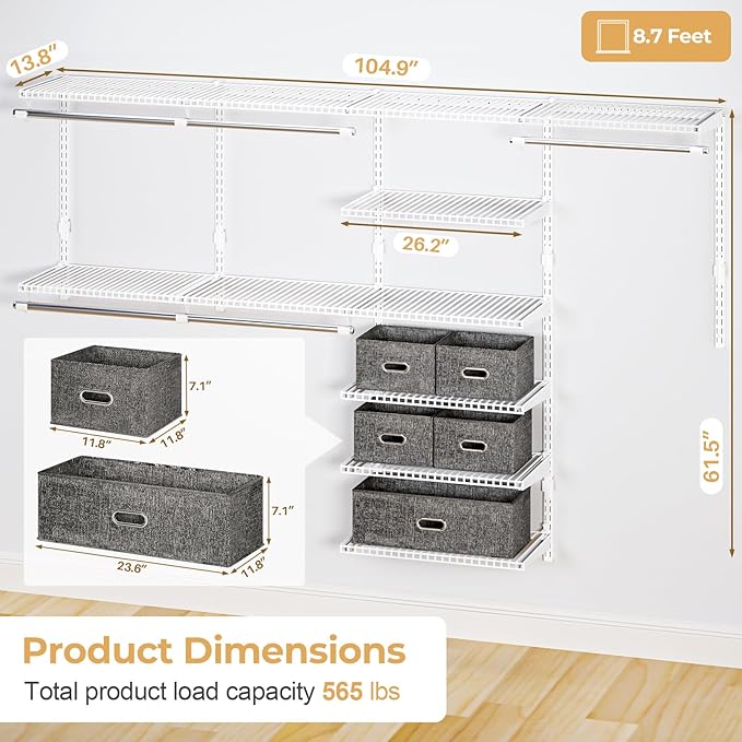 Wire Closet Organizer System, Wall Mounted 8.7 Ft. Custom Closet Kit for Bedrooms, Adjustable Storage Shelves for Clothes, Shoes, and Handbags