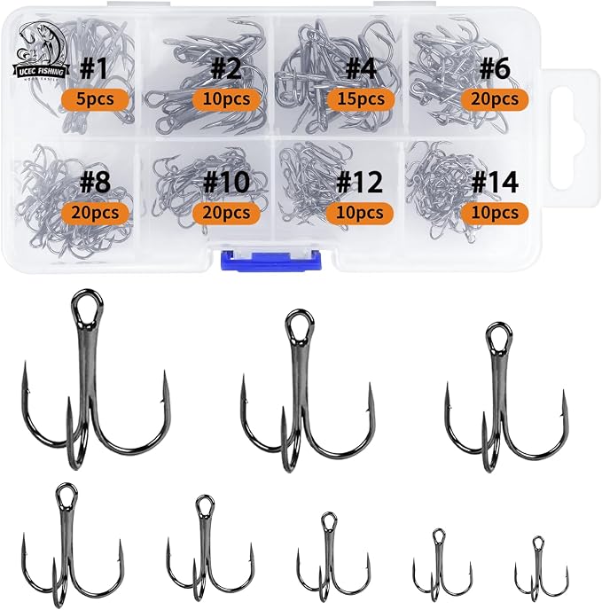 UCEC Fishing Hooks Treble Hooks Kit for Saltwater Freshwater, High Carbon Steel Strong Sharp Round Bend for Catfish Trout Hard Baits Lures, Size #1#2#4#6#8#10#12#14 110/50/210 Pack with Split Rings